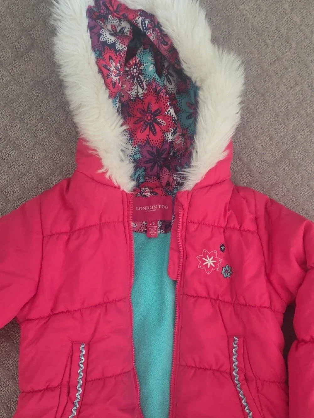 London Fog Girls' Pink Hooded Faux-Fur Trim Puffer Coat